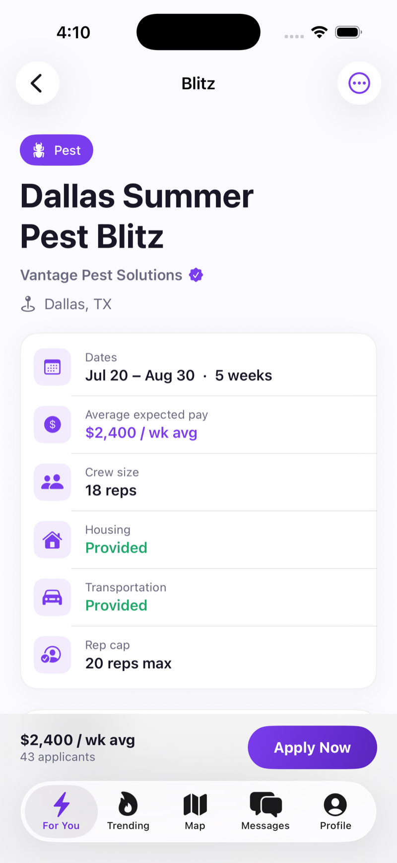 BlitzFinder blitz detail — Dallas Summer Pest Blitz with dates, weekly pay, crew size, housing and transportation provided