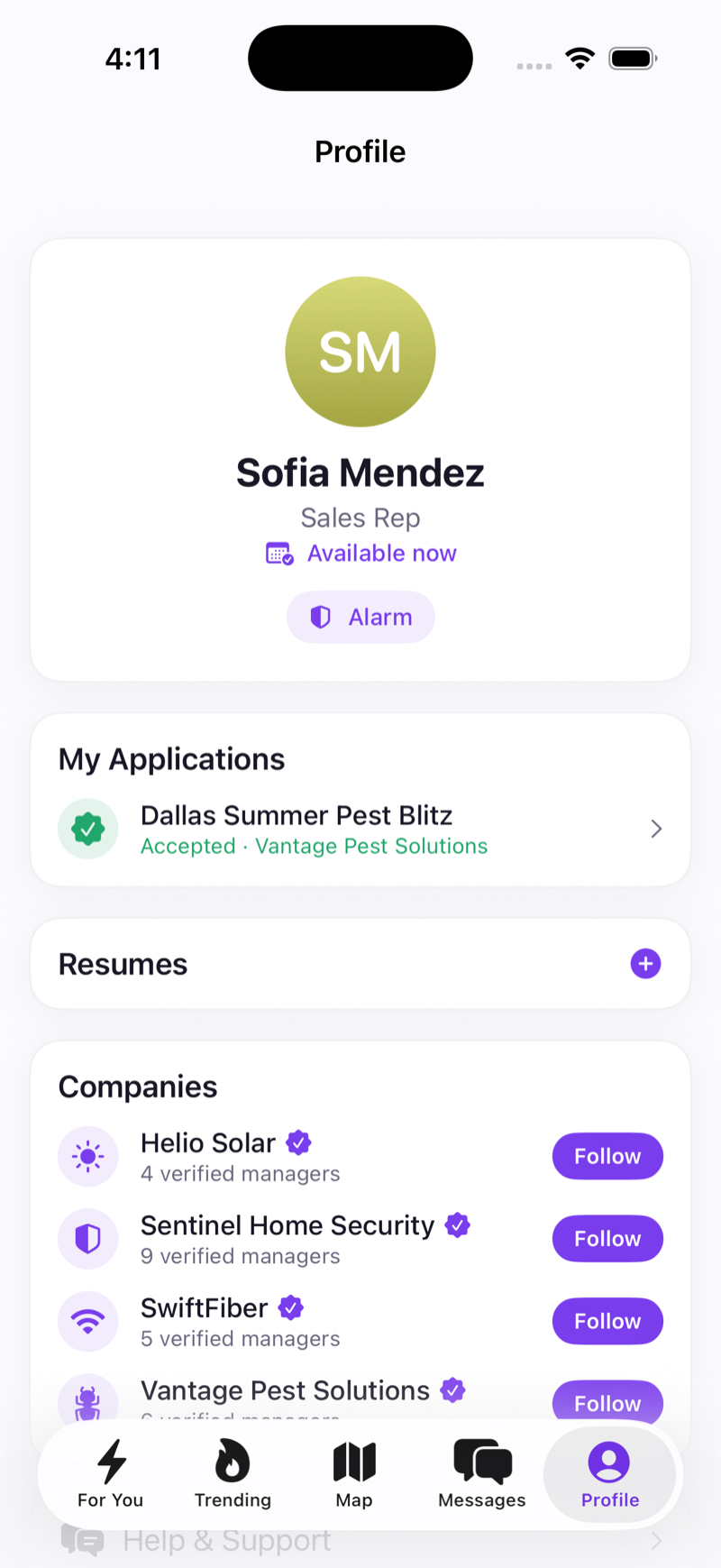 BlitzFinder profile — accepted applications, resumes, and companies to follow